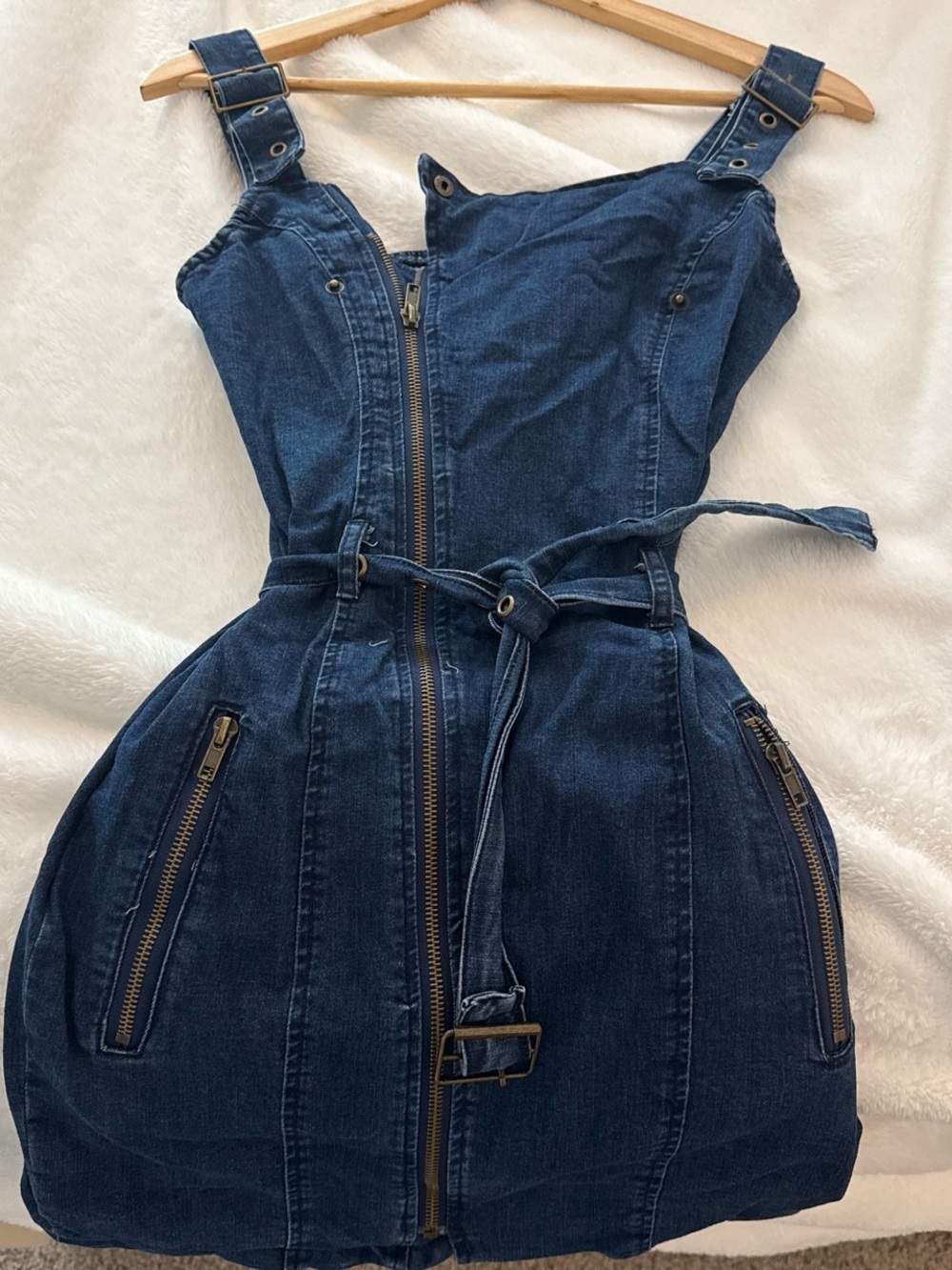 Fashion Nova Denim Zip-Front Belted Mini Dress